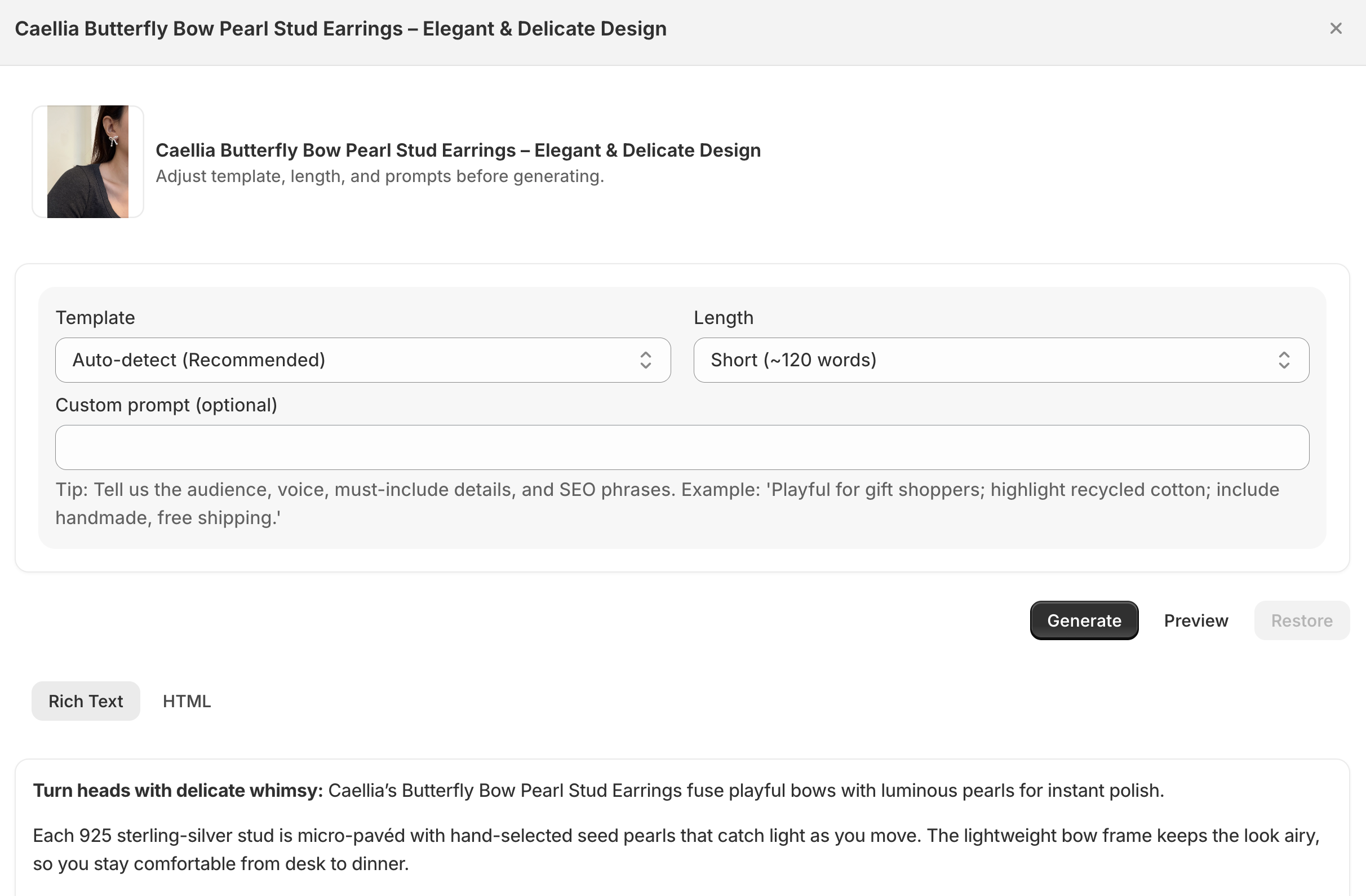 Product Descriptions interface