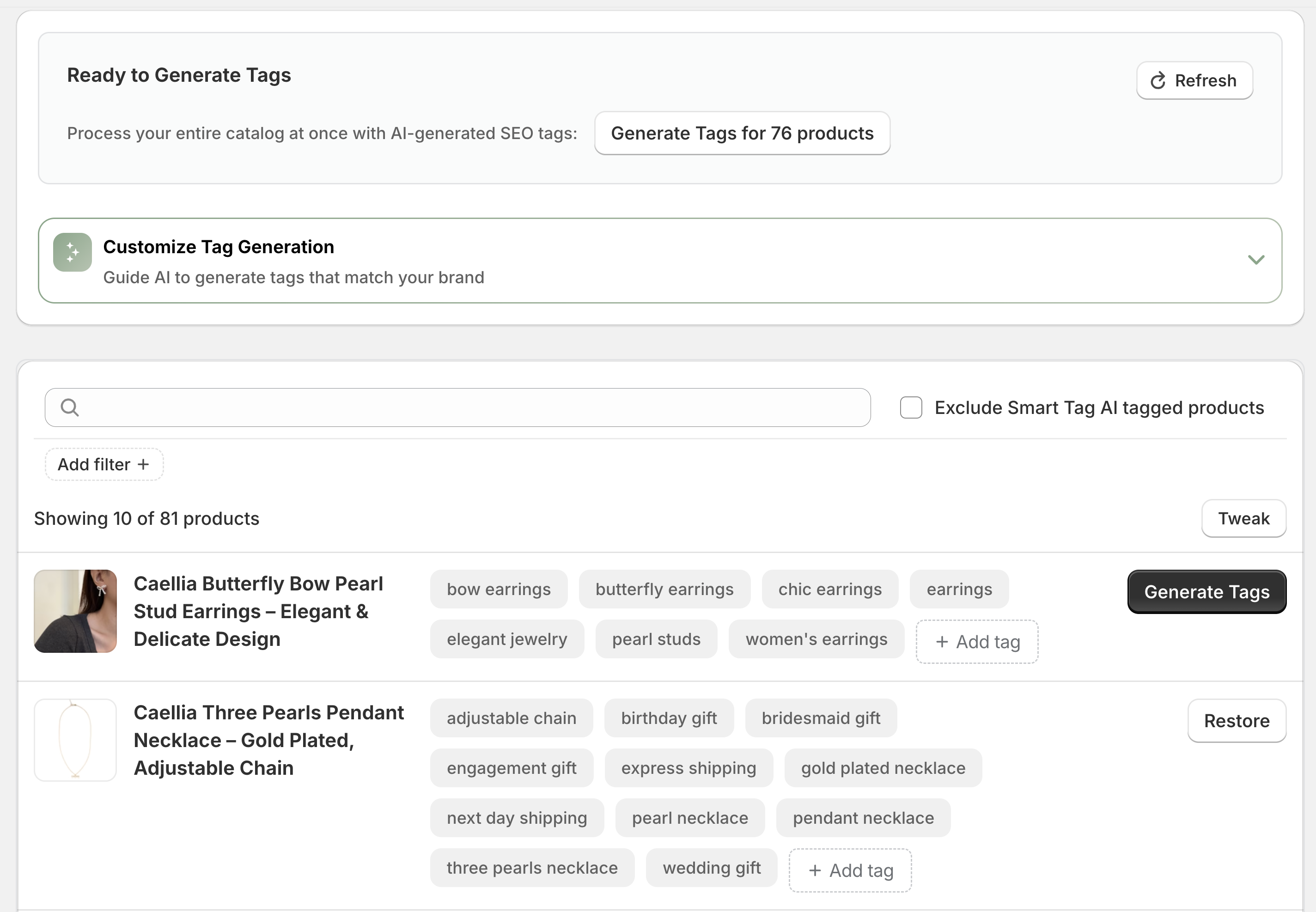 AI Product Tags interface
